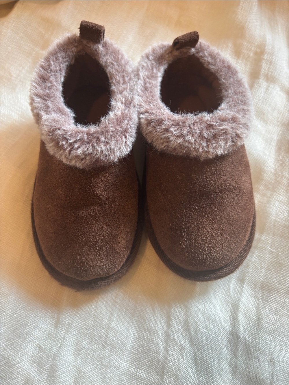 BearPaw Kids Brown Faux-Fur Cuff Slip-On Slippers